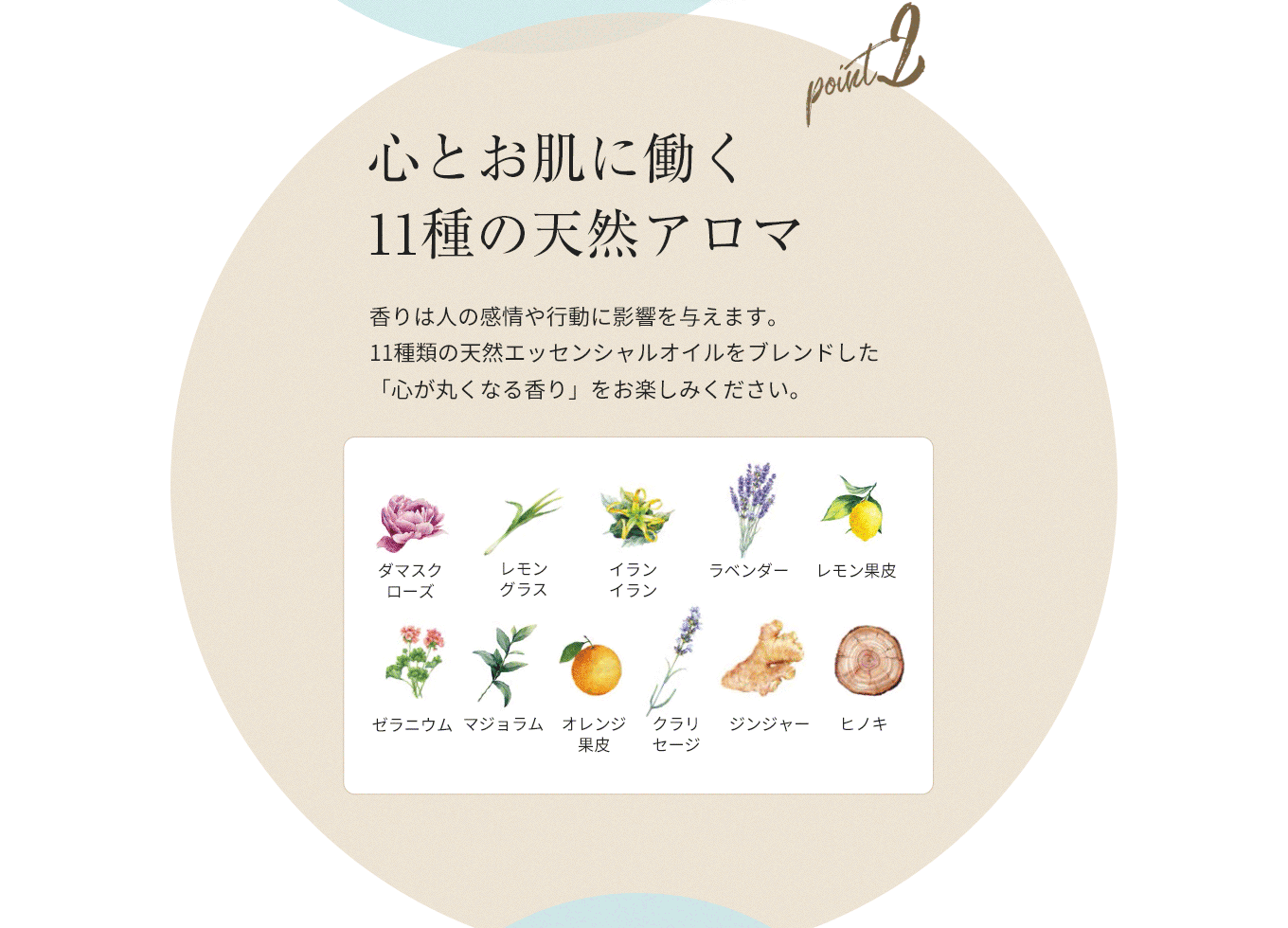 Point2 心とお肌に働く 11種の天然アロマ